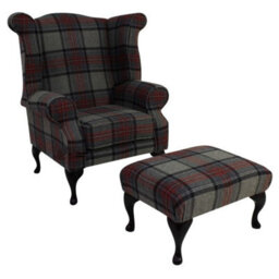 Chesterfield Fireside High Back Armchair + Footstool Wool Tweed Beningborough Graphite Check In Queen Anne Style - thumbnail 2