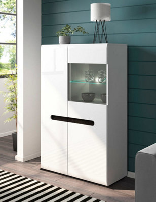 Impact Furniture Large Display Cabinet Glass Door Unit Buffet With Led Light White Gloss Azteca - image 1