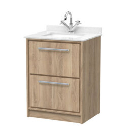 Hudson Reed Lille Floor Standing Two Drawer Contemporary Vanity Unit With Marble Top & Basin In Bleached Oak, 620 X 470mm