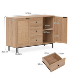 120Cm Rattan Sideboard Buffet Cabinet Farmhouse Bar Table 3 Drawer Console Table - thumbnail 6
