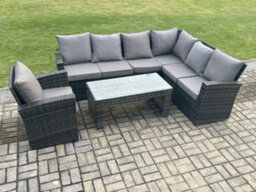 Fimous 7 Seat Rattan Garden Furniture Corner Sofa Set Outdoor Patio Sofa Chair Table Set With Cushions Dark Grey Mixed - thumbnail 2