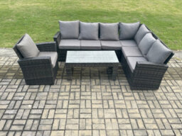 Fimous 7 Seat Rattan Garden Furniture Corner Sofa Set Outdoor Patio Sofa Chair Table Set With Cushions Dark Grey Mixed - thumbnail 1