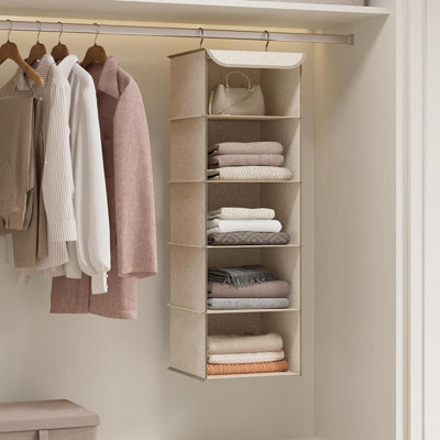 Closet Hanging Organizer, Foldable Wardrobe Storage Shelves, Space Saver With Bamboo Inserts, Sand Beige - image 1