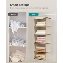 Closet Hanging Organizer, Foldable Wardrobe Storage Shelves, Space Saver With Bamboo Inserts, Sand Beige - thumbnail 7