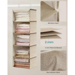 Closet Hanging Organizer, Foldable Wardrobe Storage Shelves, Space Saver With Bamboo Inserts, Sand Beige - thumbnail 4
