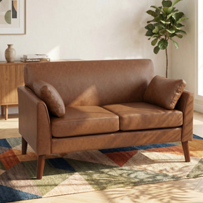 Homcom 2 Seater Sofa, 132 Cm Modern Small Sofa With Solid Wood Legs, Brown - image 1