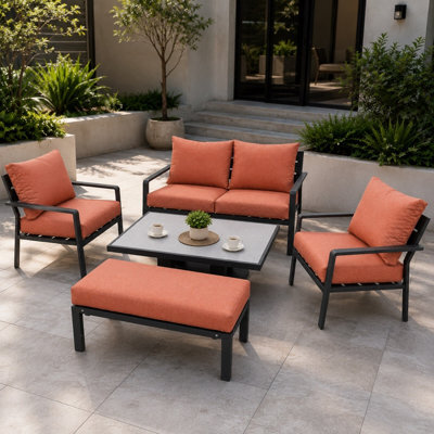 Shatchi 4 Seater 5 Piece Aluminium Garden Sofa Dining Set With Gas Lift Table, Ottoman Bench & Terracotta Cushions - image 1