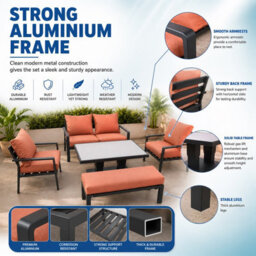 Shatchi 4 Seater 5 Piece Aluminium Garden Sofa Dining Set With Gas Lift Table, Ottoman Bench & Terracotta Cushions - thumbnail 8