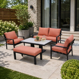 Shatchi 4 Seater 5 Piece Aluminium Garden Sofa Dining Set With Gas Lift Table, Ottoman Bench & Terracotta Cushions - thumbnail 2