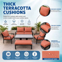 Shatchi 4 Seater 5 Piece Aluminium Garden Sofa Dining Set With Gas Lift Table, Ottoman Bench & Terracotta Cushions - thumbnail 7