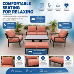 Shatchi 4 Seater 5 Piece Aluminium Garden Sofa Dining Set With Gas Lift Table, Ottoman Bench & Terracotta Cushions - thumbnail 6