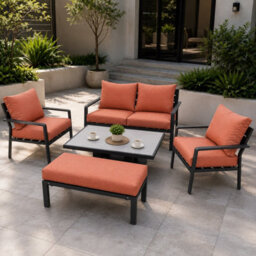 Shatchi 4 Seater 5 Piece Aluminium Garden Sofa Dining Set With Gas Lift Table, Ottoman Bench & Terracotta Cushions