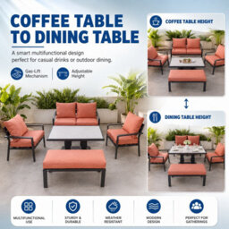 Shatchi 4 Seater 5 Piece Aluminium Garden Sofa Dining Set With Gas Lift Table, Ottoman Bench & Terracotta Cushions - thumbnail 5