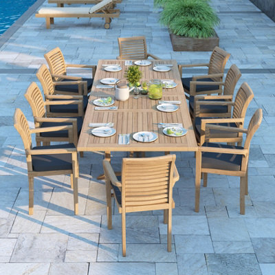 Eterna Madrid Teak Garden Outdoor Dining Table & 10 Seat Chair Set - With Black Cushions - image 1