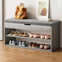 Grey Ash Shoe Storage Bench With Cushion Seat & 3 Compartments - 80Cm - thumbnail 1