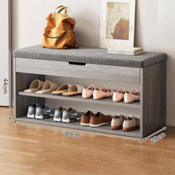 Grey Ash Shoe Storage Bench With Cushion Seat & 3 Compartments - 80Cm - thumbnail 2