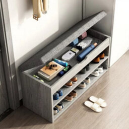 Grey Ash Shoe Storage Bench With Cushion Seat & 3 Compartments - 80Cm - thumbnail 6