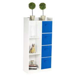 Urbn-Living Urbnliving Height 128Cm Tall Wooden White 7 Cube Bookcase With Dark Blue Drawers Shelving Display Storage Unit Cabinet Shelves