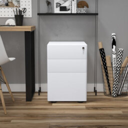Vinsetto 3 Drawer Metal Filing Cabinet Lockable 5 Wheels Under Desk White - thumbnail 9