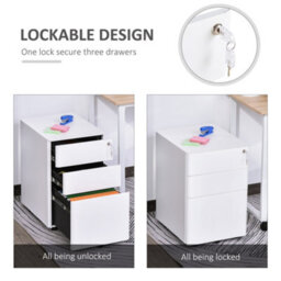 Vinsetto 3 Drawer Metal Filing Cabinet Lockable 5 Wheels Under Desk White - thumbnail 4