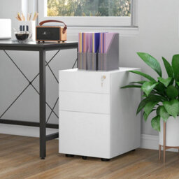 Vinsetto 3 Drawer Metal Filing Cabinet Lockable 5 Wheels Under Desk White - thumbnail 1