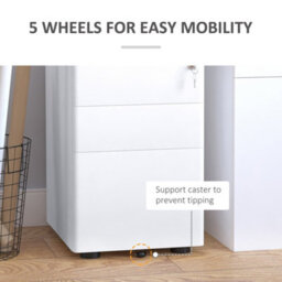 Vinsetto 3 Drawer Metal Filing Cabinet Lockable 5 Wheels Under Desk White - thumbnail 6