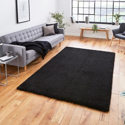 Black Plain Shaggy Modern Easy To Clean Rug For Living Room Bedroom And Dining Room-80Cm X 150Cm