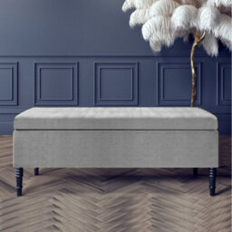 150Cm Paris Plain Ottoman Storage Bench -Naples Shoes Bench With Black Turned Wooden Legs - Grey Upholstery Storage Footstool