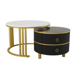 Btm 2-In-1 Mdf Round Coffee Table With Glossy Surface & White Marble Top, 2 Drawers, White & Black, Living Room Set - thumbnail 3