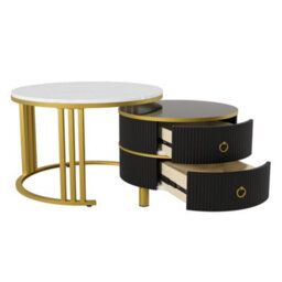 Btm 2-In-1 Mdf Round Coffee Table With Glossy Surface & White Marble Top, 2 Drawers, White & Black, Living Room Set - thumbnail 7
