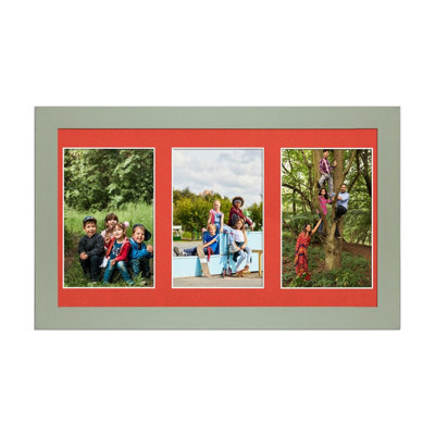 AK Frames 40X20Cm Green Modern Multi Photo Frame With Poppy Red Mount - Holds 3 Apertures (3X) 6X4 Photos - image 1