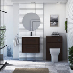 Royal Bathrooms Livora 600mm Walnut Woodgrain Wall Hung Bathroom Vanity Unit 2 Drawer With Ceramic Basin & Matt Black Handle - thumbnail 3