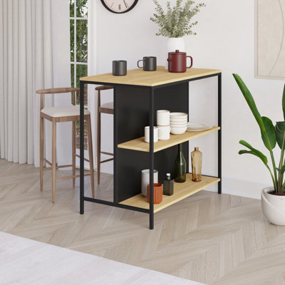 Decortie Modern Detroit Bar Table Oak, Silky Grey Black Dining Room Table W/metal Legs, Open Shelf Kitchen Organiser 100(W)60(D)Cm - image 1