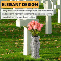 Novecrafto Granite Memorial Vase For Flowers - 30Cm Tall, Solid Grey Stone Round Vase With Insert Grid For Cemetery, Grave Or Garden Use - thumbnail 2