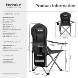Tectake Camping Chair Mtx - Padded, Foldable, With Cup Holder And Side Pocket - Black - Per Piece - thumbnail 6