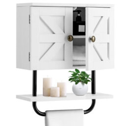 Costway Bathroom Wall Cabinet Wall-Mounted Medicine Cabinet With Towel Bar-White - thumbnail 3