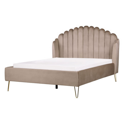 Beliani Bed Velvet Ambillou 140 X 200 Cm (Eu Double) Taupe - image 1