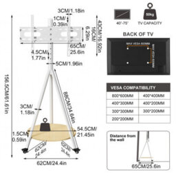 "Aesome Heavy Duty Tripod Movable Floor Tv Stand With Storage Shelf Height Adjustable For 40-75"" Tv Screen Studio" - thumbnail 2