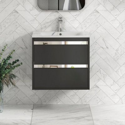 Royal Bathrooms Orion 600mm Matt Obsidian Black 2 Drawer Wall Hung Vanity Unit With Carrara White Basin & Chrome Accent Trim - image 1