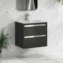 Royal Bathrooms Orion 600mm Matt Obsidian Black 2 Drawer Wall Hung Vanity Unit With Carrara White Basin & Chrome Accent Trim - thumbnail 6