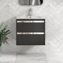 Royal Bathrooms Orion 600mm Matt Obsidian Black 2 Drawer Wall Hung Vanity Unit With Carrara White Basin & Chrome Accent Trim - thumbnail 1
