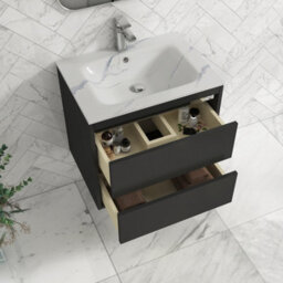 Royal Bathrooms Orion 600mm Matt Obsidian Black 2 Drawer Wall Hung Vanity Unit With Carrara White Basin & Chrome Accent Trim - thumbnail 4