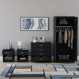 Lassic Vida Designs Riano 4 Piece Bedroom Set (1 Drawer Bedside Chest, 4 Drawer Chest, 2 Door Wardrobe) Black (5) - thumbnail 3