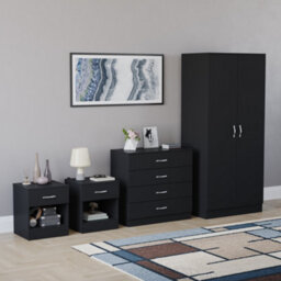 Lassic Vida Designs Riano 4 Piece Bedroom Set (1 Drawer Bedside Chest, 4 Drawer Chest, 2 Door Wardrobe) Black (5) - thumbnail 2