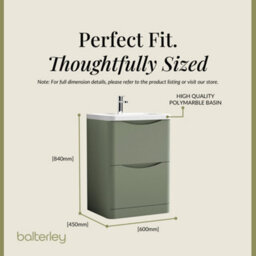 Balterley Dunwood Floor Standing 2 Drawer Bathroom Vanity Unit & Polymarble Basin, Satin Green, 550mm - thumbnail 5