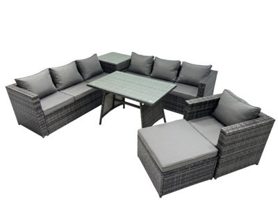 Fimous Outdoor Corner Sofa Chair Dining Table Set Garden Rattan Furniture Set 8 Seater With Side Table Big Stool Dark Grey - image 1