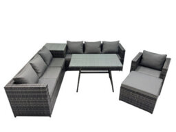 Fimous Outdoor Corner Sofa Chair Dining Table Set Garden Rattan Furniture Set 8 Seater With Side Table Big Stool Dark Grey - thumbnail 2