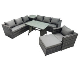 Fimous Outdoor Corner Sofa Chair Dining Table Set Garden Rattan Furniture Set 8 Seater With Side Table Big Stool Dark Grey - thumbnail 1