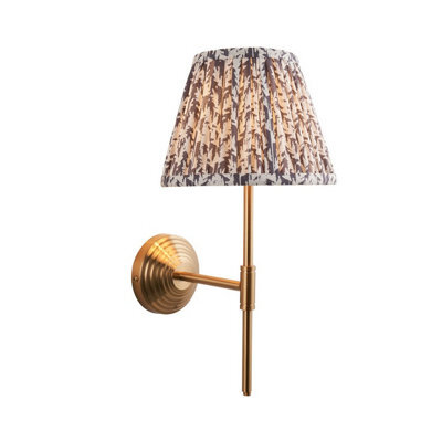 Luminosa Lighting Luminosa Obelisk T Bar Brushed Aged Brass Plate Wall Light With Pearl Grey Fabric Leaf Shade 20Cm B22 - image 1