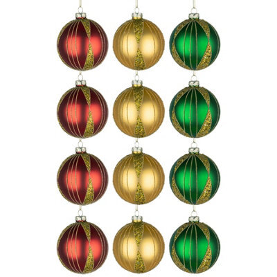 Shatchi Christmas Baubles 12Pcs Set - 8Cm Red, Gold & Green Glass Ornaments With 3 Assorted Designs - image 1